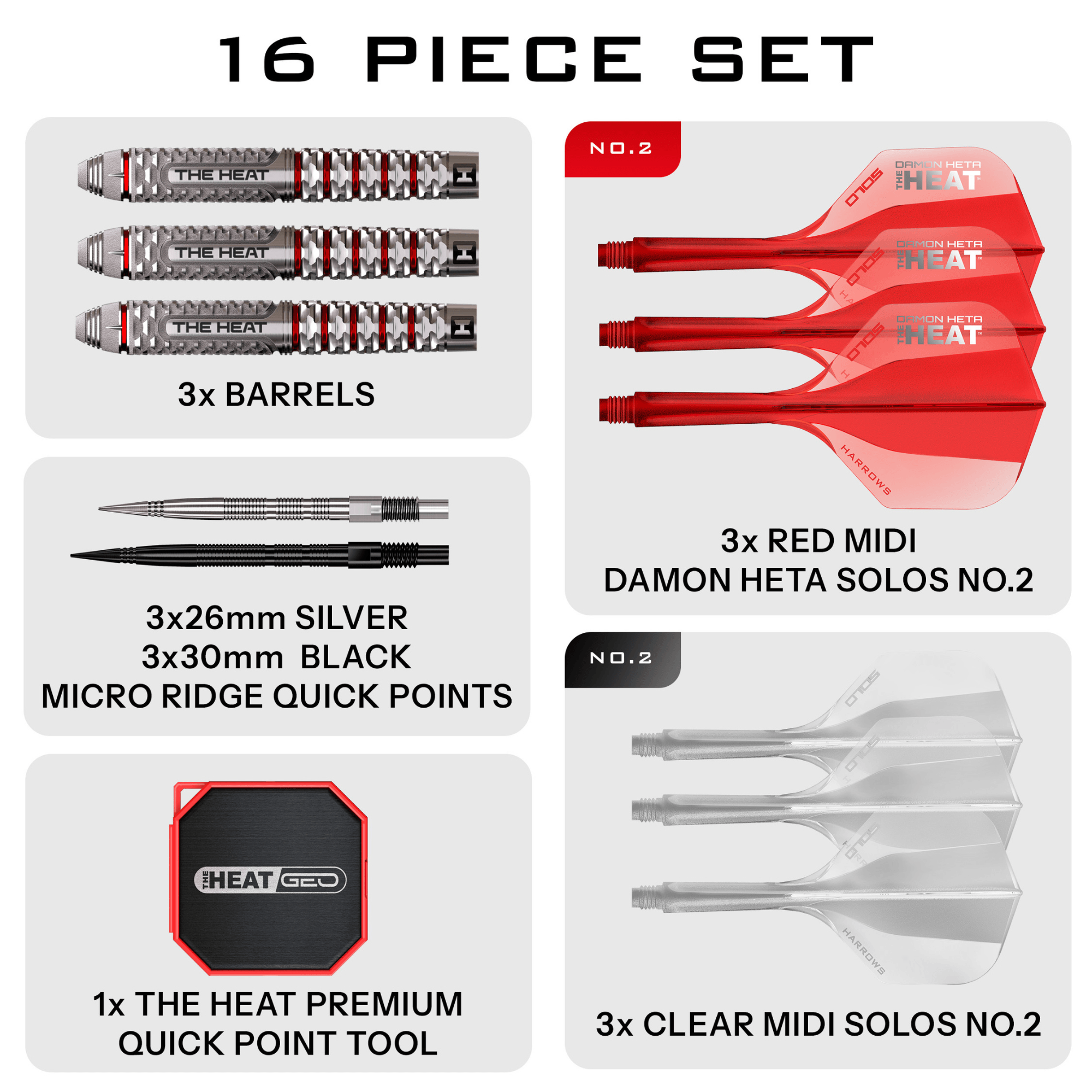Harrows Damo Heta Geo Quick Point Steeldarts Packungsinhalt
