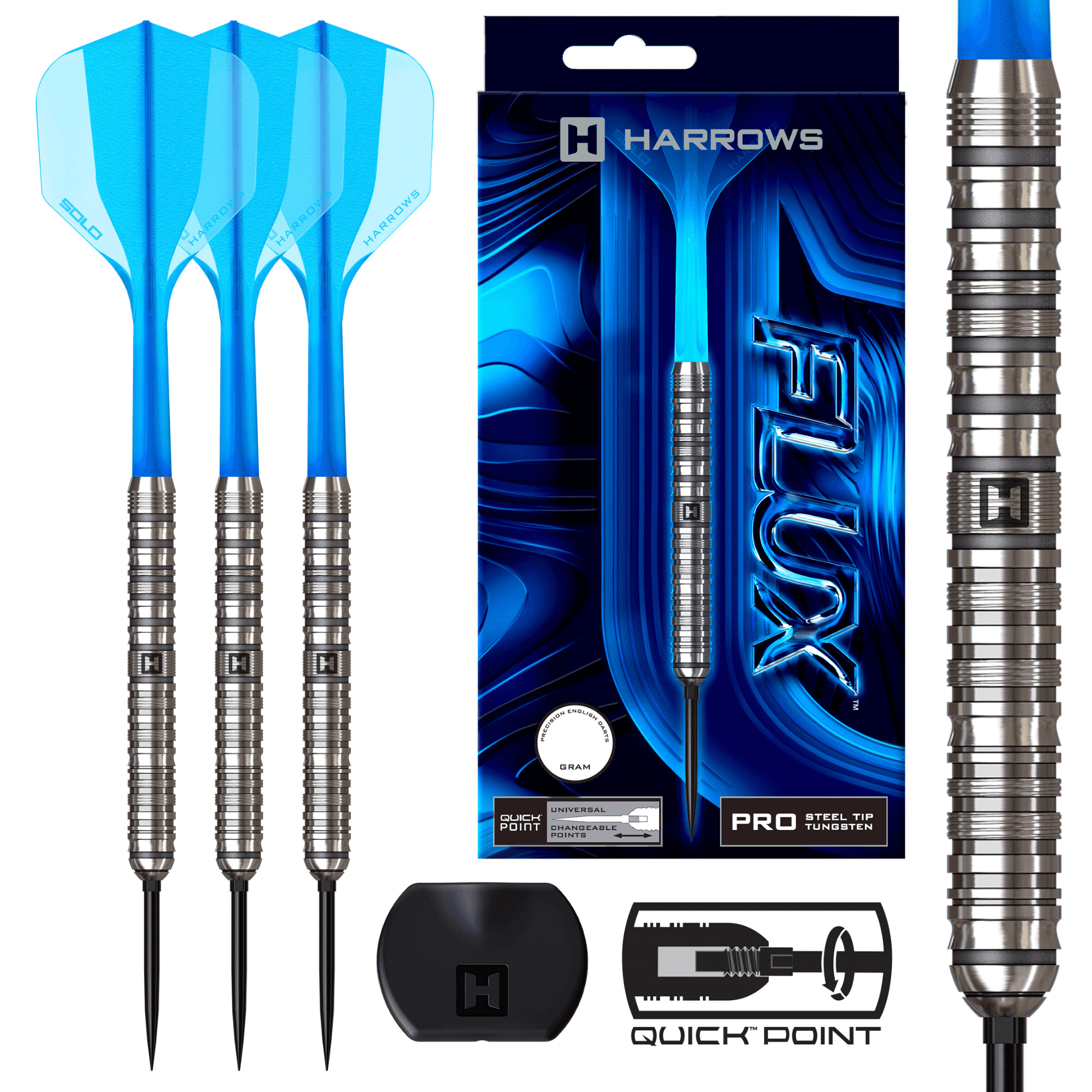 Harrows Flux Pro Tungsten Quick Point Steeldarts Verpackung