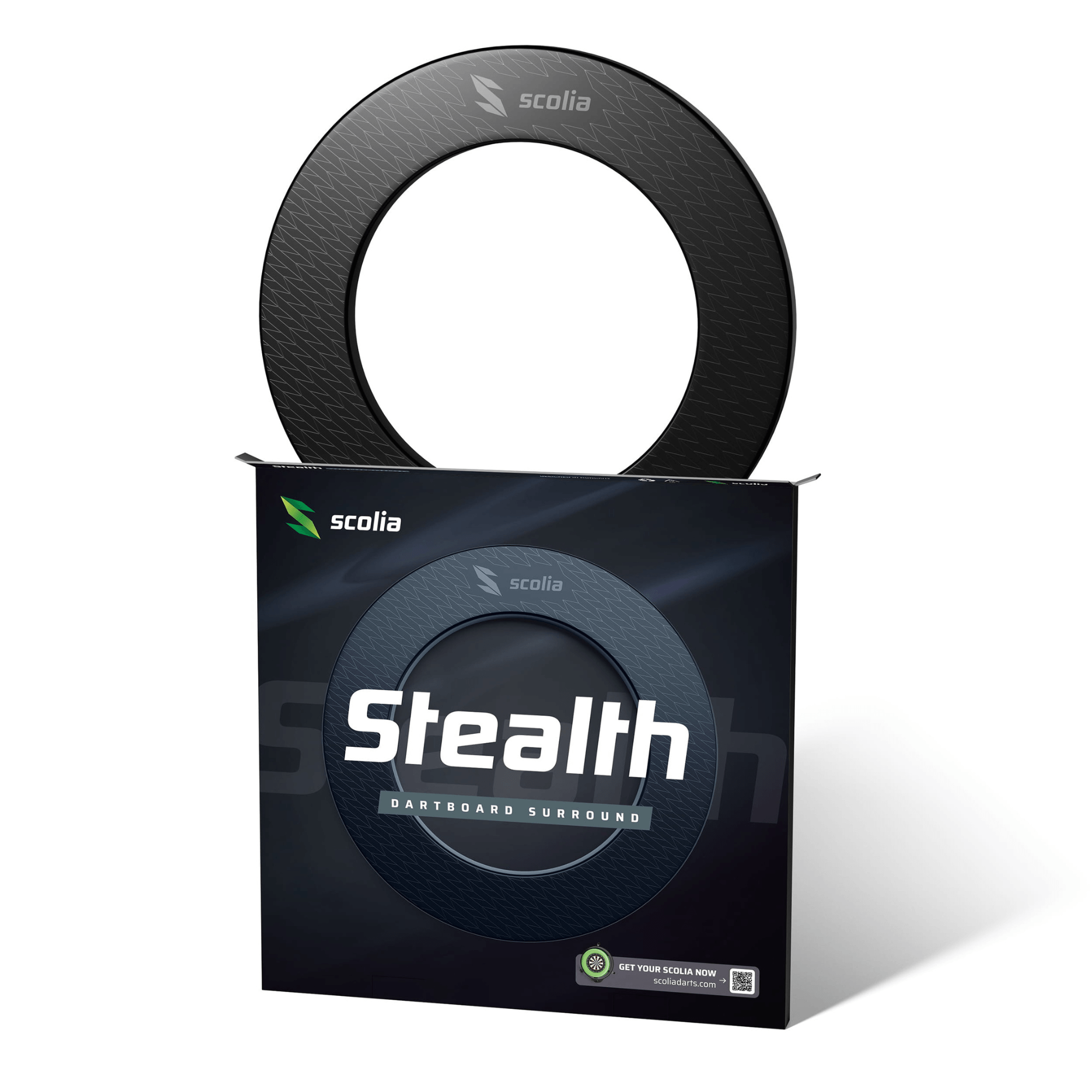 Scolia Stealth Black Dartboard Surround und Verpackung