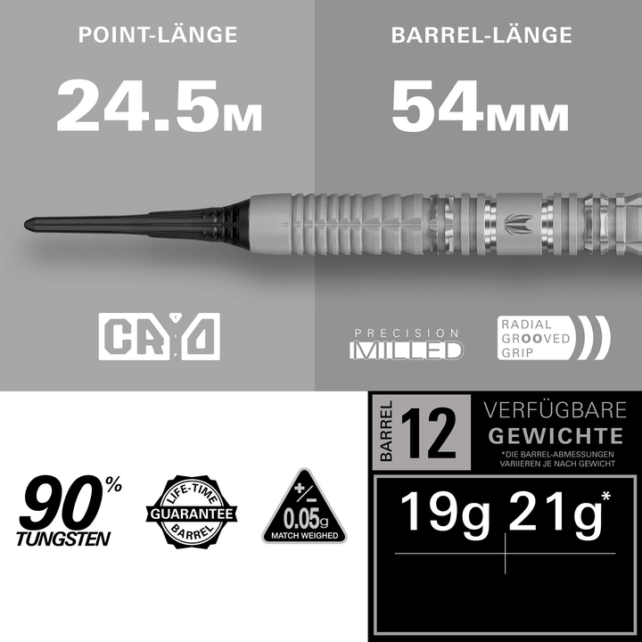 Target Cryo 12 Softdarts Maße Spitze und Barrel 19g